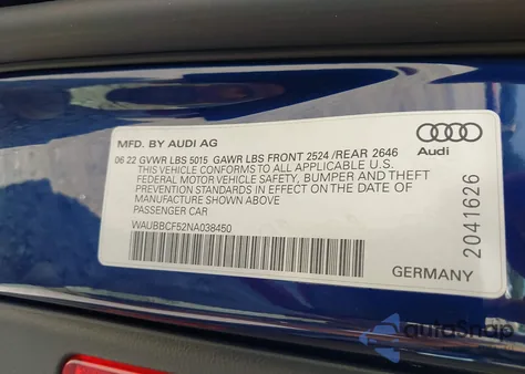 2022 Audi A5 Sportback Prestige 40 Tfsi Quattro S Tronic from USA, damaged, VIN WAUBBCF52NA038450
